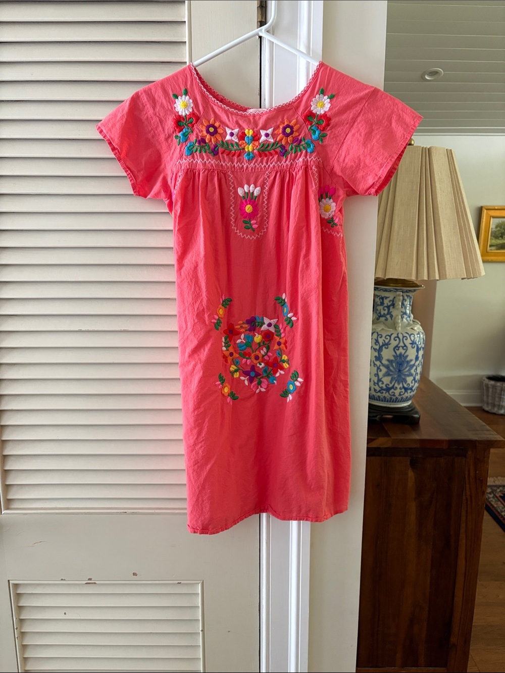 Unik Coral Pink Embroidered Floral Casual Dress